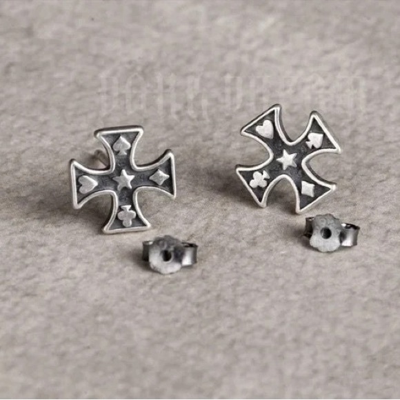 Single Accent 925 sterling silver earrings for men cross poker - Picture 6 of 7